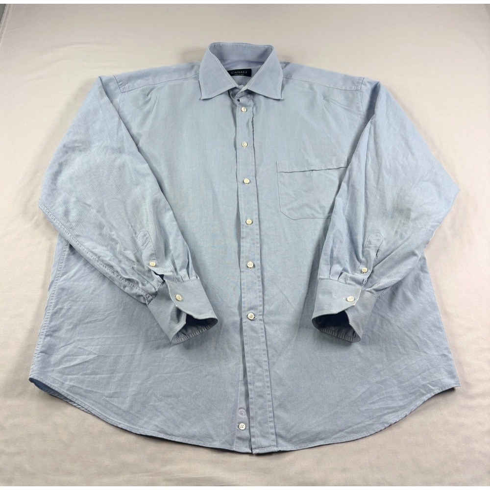 Canali Shirt Mens 44 17.5 Blue Button Up Long Sleeve Formal Casual Italy Made